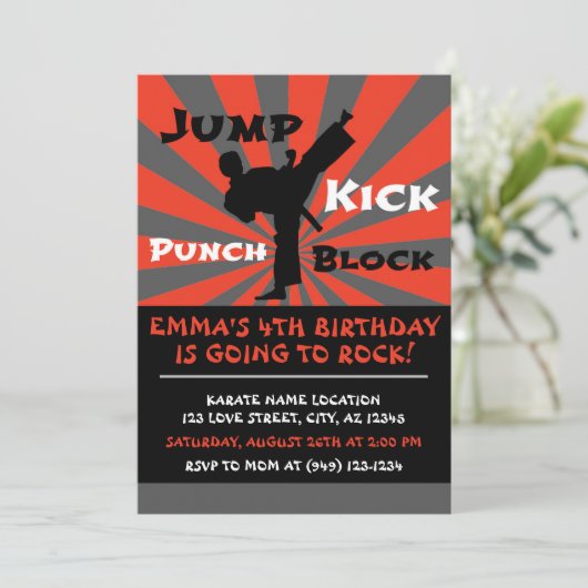 Jump Punch Kick Block Karate Party Birthday Kaart (Staand voorkant)
