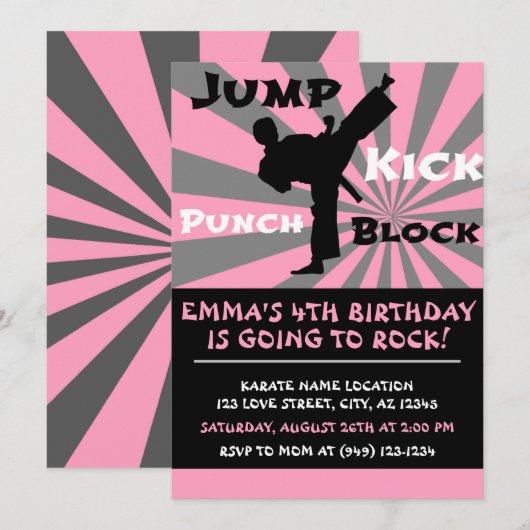 Jump Punch Kick Block Karate Party Birthday Kaart (Voorkant / Achterkant)