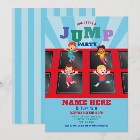 Jump Trampoline Birthday Blue Boys Kaart (Voorkant / Achterkant)