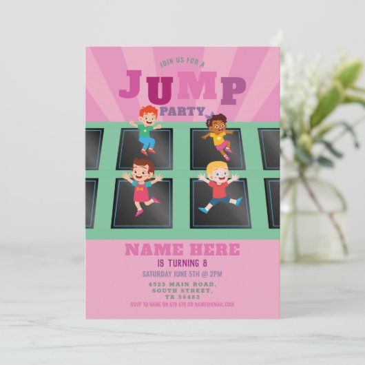 Jump Trampoline Birthday Girls Pink uitnodiging (Staand voorkant)