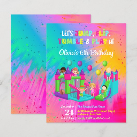 Jump Trampoline Bounce House Kind Birthday Invite (Voorkant / Achterkant)