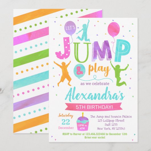 Jump Trampoline Park Birthday Invitation Girl Kaart (Voorkant / Achterkant)