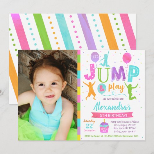 Jump Trampoline Park Birthday Invitation Girl Kaart (Voorkant / Achterkant)