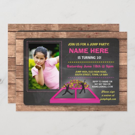 Jump Trampoline Roze Meisje Verjaardag Uitnodigen Kaart (Voorkant / Achterkant)