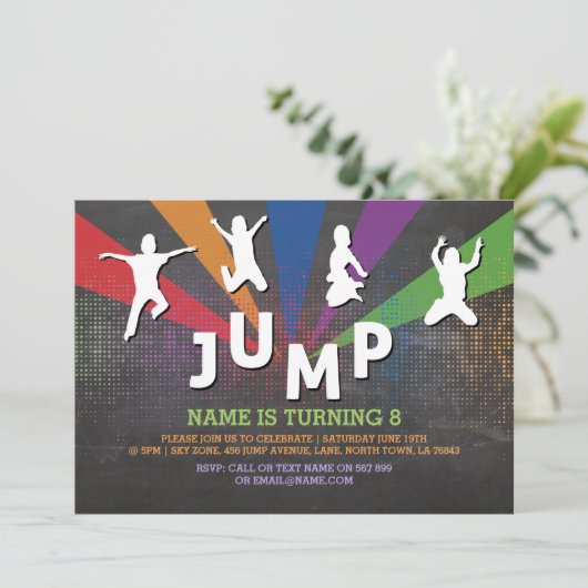 Jump Trampoline Verjaardagsfeest Jumping Uitnodigi Kaart (Staand voorkant)