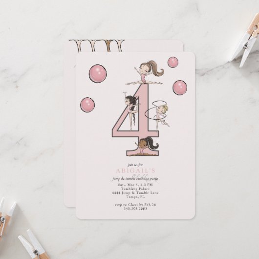 Jump & Tumble Gymnastics 4th Birthday Party Kaart (Voorkant / Achterkant in situ)