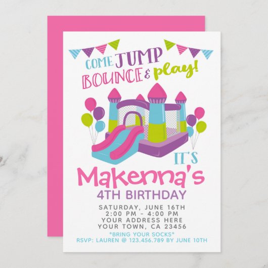 Jump Uitnodiging, Meisje Trampoline Verjaardagsfee Kaart (Voorkant / Achterkant)