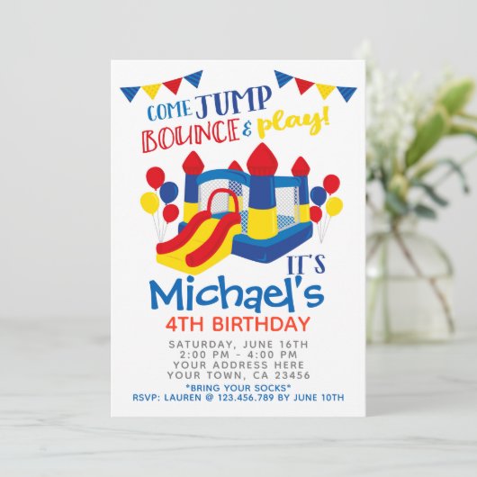 Jump uitnodiging, trampoline verjaardagsfeestje kaart (Staand voorkant)