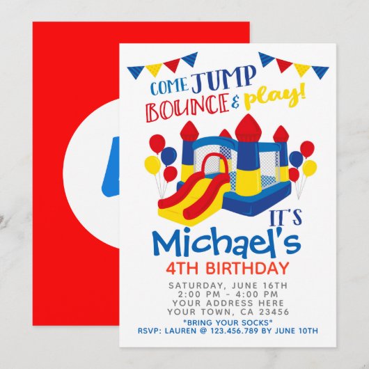 Jump uitnodiging, trampoline verjaardagsfeestje kaart (Voorkant / Achterkant)