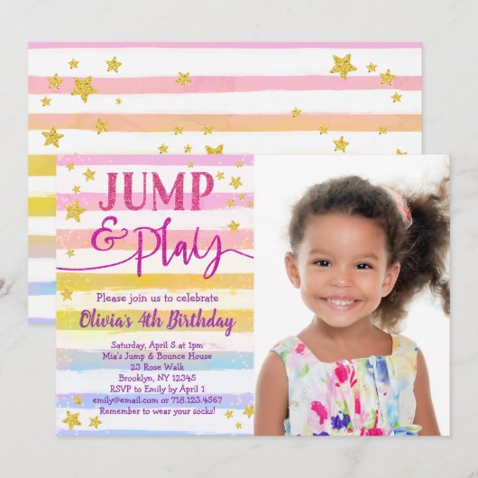 Jump Verjaardag Uitnodiging voor Girls Bounce Part (Voorkant / Achterkant)