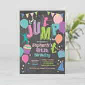 Jump verjaardagsfeestje. Meisjes trampoline krijtb Kaart (Staand voorkant)