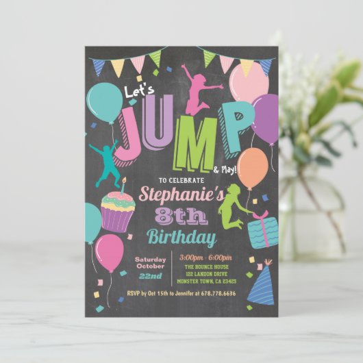 Jump verjaardagsfeestje. Meisjes trampoline krijtb Kaart (Staand voorkant)