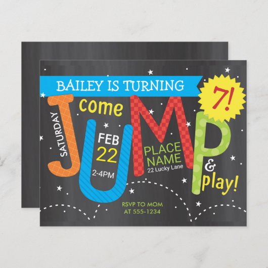 Jump Verjaardagsfeestkleuren op Krijt Budget Invit (Voorkant / Achterkant)