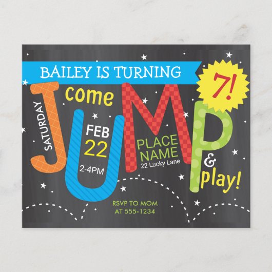 Jump Verjaardagsfeestkleuren op Krijt Budget Invit (Voorkant)