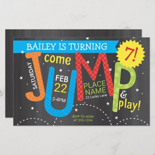 Jump Verjaardagsfeestkleuren op Krijt Budget Invit (Voorkant / Achterkant)