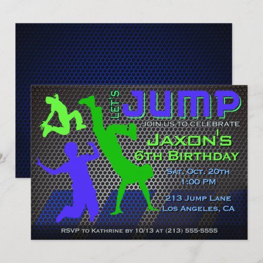Jump verjaardagsuitnodiging - Bounce House Trampol Kaart (Voorkant / Achterkant)