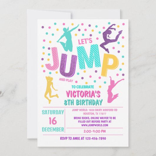Jump verjaardagsuitnodiging, Jump Invite, Trampoli Kaart (Voorkant)
