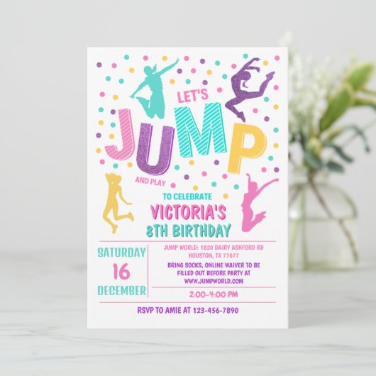 Jump verjaardagsuitnodiging, Jump Invite, Trampoli Kaart (Staand voorkant)