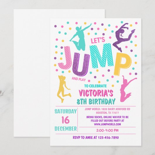Jump verjaardagsuitnodiging, Jump Invite, Trampoli Kaart (Voorkant / Achterkant)