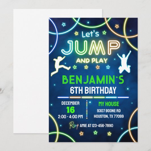 Jump verjaardagsuitnodiging, Jump Invite, Trampoli Kaart (Voorkant / Achterkant)