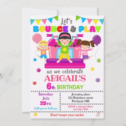 Jump verjaardagsuitnodiging Meisje bounce huis uit Kaart (Voorkant)