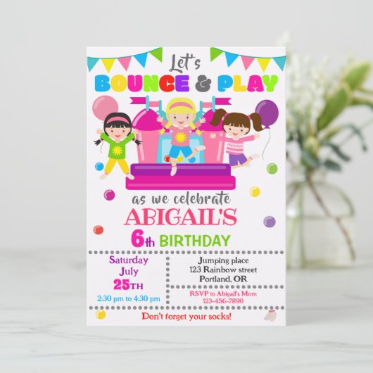 Jump verjaardagsuitnodiging Meisje bounce huis uit Kaart (Staand voorkant)