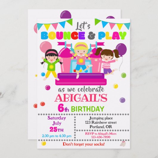 Jump verjaardagsuitnodiging Meisje bounce huis uit Kaart (Voorkant / Achterkant)