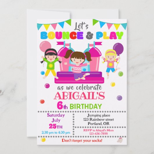 Jump verjaardagsuitnodiging Meisje bounce huis uit Kaart (Voorkant)