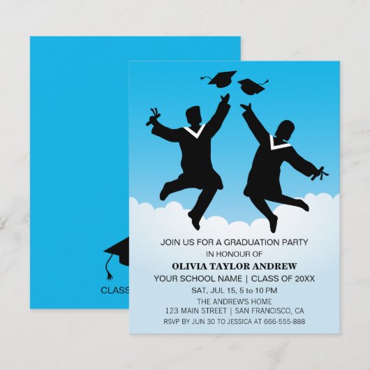 Jumping Afgestudeerden Afstuderen Party Uitnodigin Kaart (Voorkant / Achterkant)