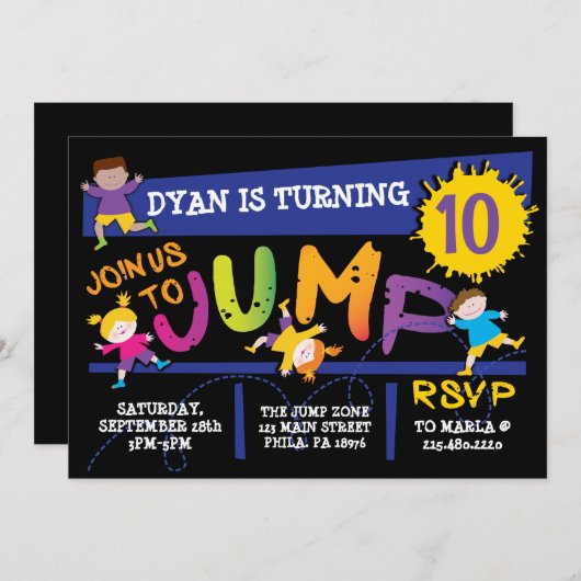 Jumping Bounce Neon Birthday Party Invitation Kaart (Voorkant / Achterkant)