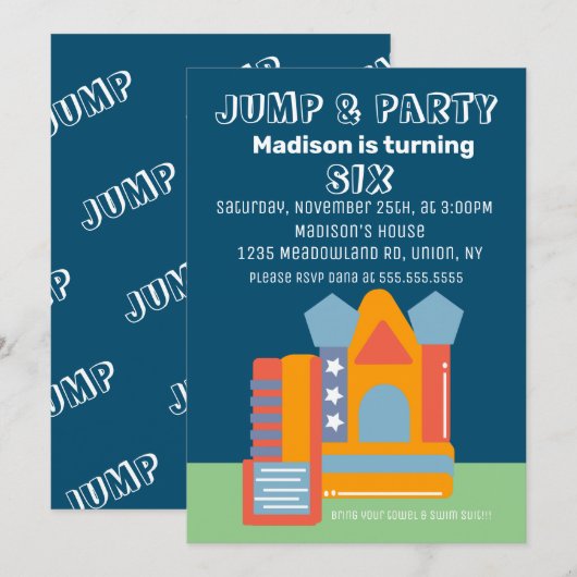 Jumping Bouncing Party Bounce House Birthday Blue Kaart (Voorkant / Achterkant)