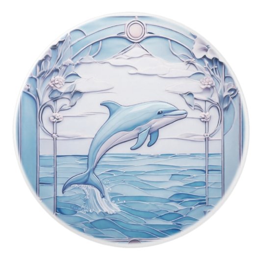 Jumping Dolphin Art Nouveau Faux Relief Lichtblauw Keramische Knop (Voorkant)