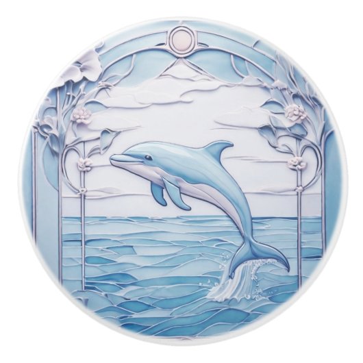 Jumping Dolphin Art Nouveau Faux Relief Lichtblauw Keramische Knop (Voorkant)