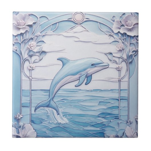 Jumping Dolphin Art Nouveau Faux Relief Lichtblauw Tegeltje (Voorkant)