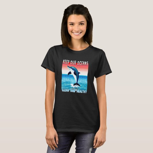 Jumping Dolphin houdt onze oceanen schoon en gezon T-shirt (Voorkant volledig)
