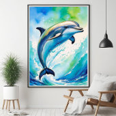 Jumping Dolphin Ocean Waves Waterverf Poster