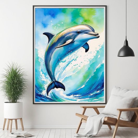 Jumping Dolphin Ocean Waves Waterverf Poster