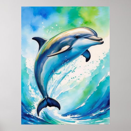 Jumping Dolphin Ocean Waves Waterverf Poster (Voorkant)