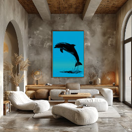 Jumping Dolphin Poster – Zwart Silhouet op Blauw
