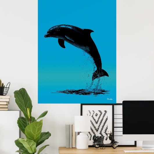 Jumping Dolphin Poster – Zwart Silhouet op Blauw (Thuiskantoor)