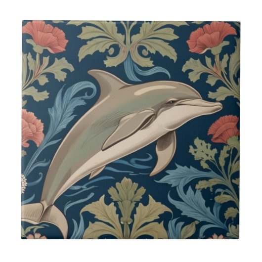 Jumping Dolphin William Morris stijl Rechts tegeno Tegeltje (Voorkant)
