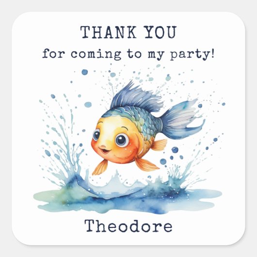 Jumping Fish Kids Verjaardagsfeest Dank u Vierkante Sticker (Voorkant)