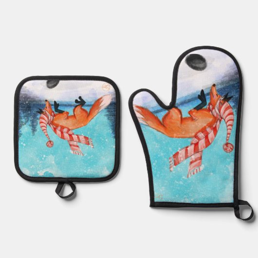 Jumping Fox Oven Mitt en Pot Houders Ovenwant & Pannenlap Set (Voorkant)