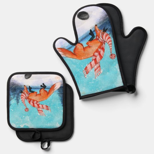 Jumping Fox Oven Mitt en Pot Houders Ovenwant & Pannenlap Set (Voorkant / Achterkant)