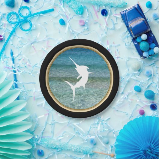 Jumping Marlin Ocean Black en Faux Gold Papieren Bordje (Feest)
