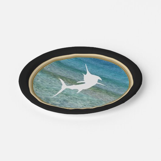 Jumping Marlin Ocean Black en Faux Gold Papieren Bordje (Gekanteld)