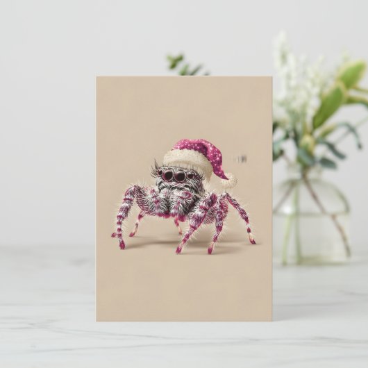 Jumping Spider Wearing Santa Hat Christmas Cards Feestdagenkaart (Staand voorkant)