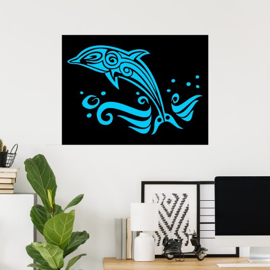 Jumping Tribal Blue Dolphin Poster (Thuiskantoor)