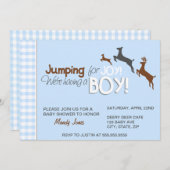 Jumping voor Joy Blue Boy Baby Shower-uitnodiginge Kaart (Voorkant / Achterkant)