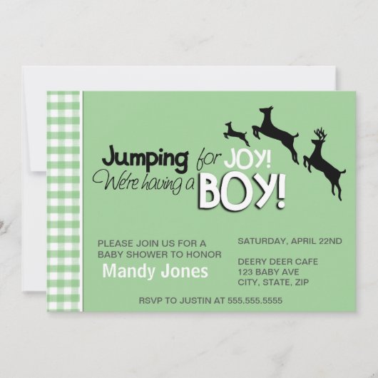 Jumping voor Joy Green Boy Baby Shower-uitnodiging Kaart (Voorkant)